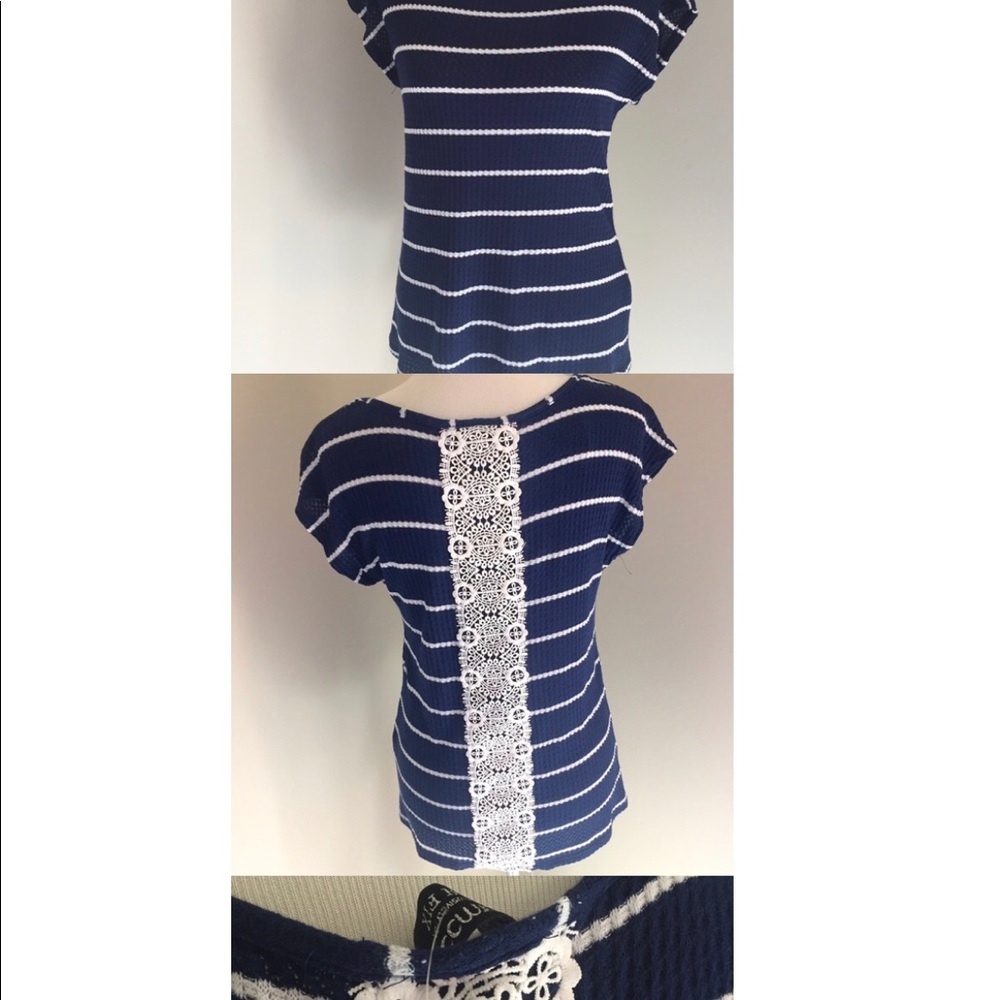 Navy and white striped top with lace detail
